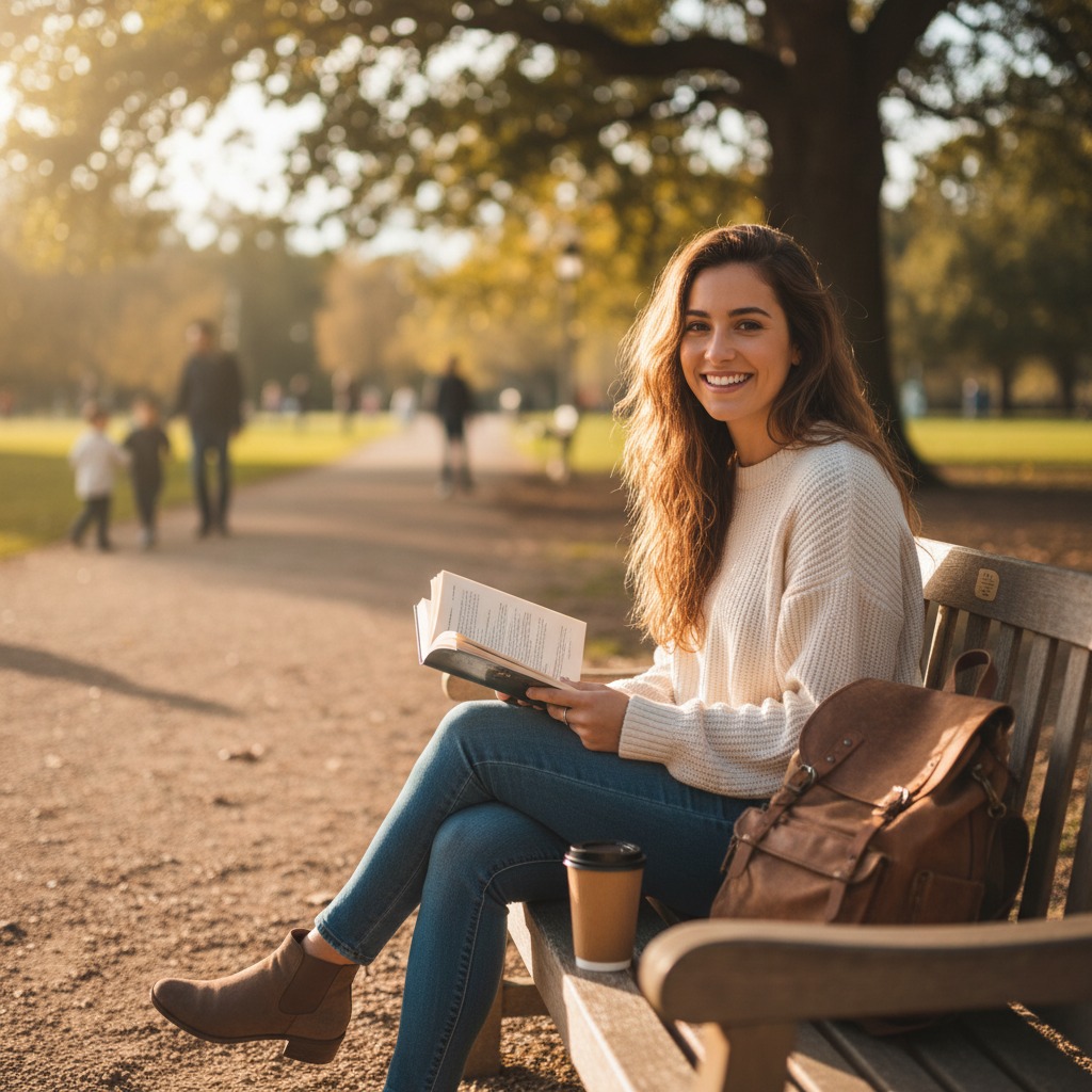 Uma jovem sorridente sentada em um banco de parque lê um livro com uma mochila e um copo de café ao seu lado.