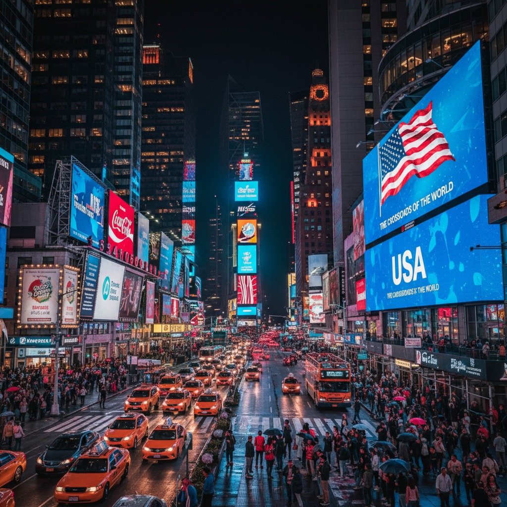Bandeira dos Estados Unidos tremulando ao vento com a inscrição "CURSO DE INGLES" em destaque.