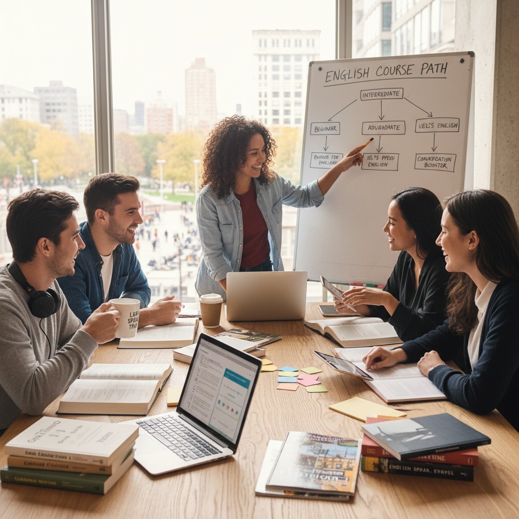 Uma instrutora aponta para um quadro branco com um fluxograma de curso de inglês enquanto um grupo de estudantes acompanha a explicação ao redor de uma mesa de estudos.
